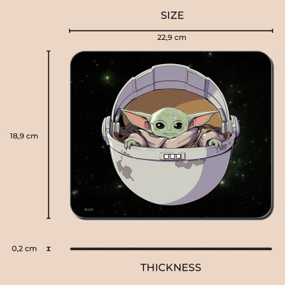 Tapete de rato Baby Yoda preto com estrelas e dimensões