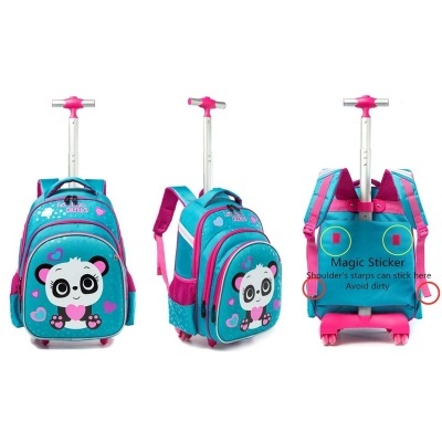 Mochila infantil azul-turquesa e rosa com estampa de panda e pega telescópica