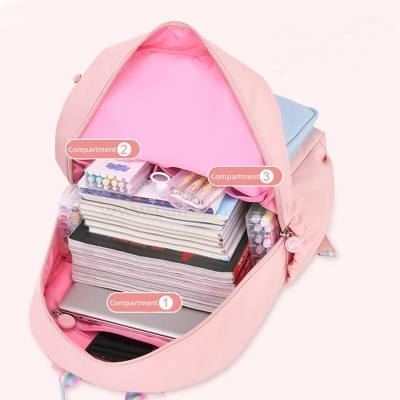 Mochila cor-de-rosa aberta com três compartimentos e vários objetos dentro