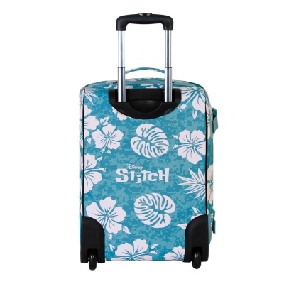 Mala de viagem azul com estampa floral branca e texto Disney Stitch