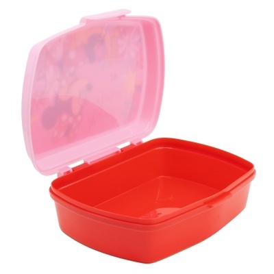 Recipiente plástico vermelho com tampa rosa translúcida decorada