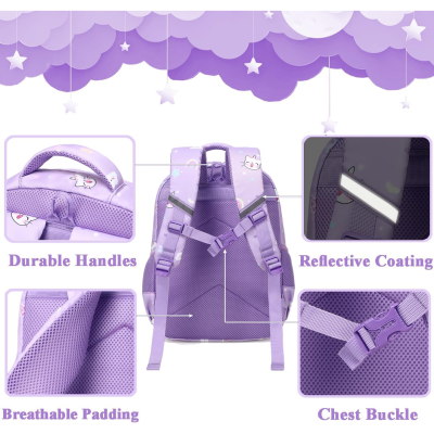 Conjunto Escolar - Mochila + lancheira térmica + porta-lápis - Gatinha Lilãs