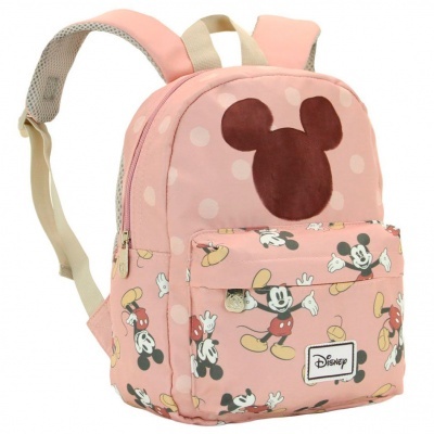 Mochila infantil rosa com padrão de Mickey Mouse e bolinhas