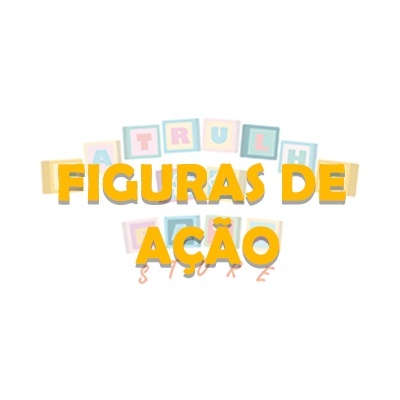 Texto amarelo 'FIGURAS DE AÇÃO' sobre fundo branco com letras coloridas desfocadas