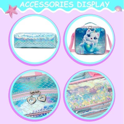 Conjunto Escolar Gatinha Sereia - Mochila + lancheira + porta-lápis