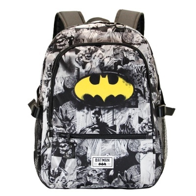 Mochila do Batman com padrão de quadrinhos e símbolo amarelo
