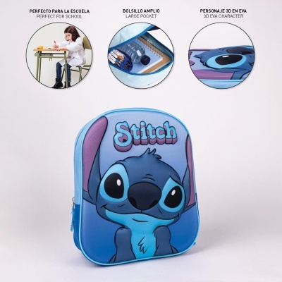 Mochila azul com personagem Stitch 3D e texto impresso