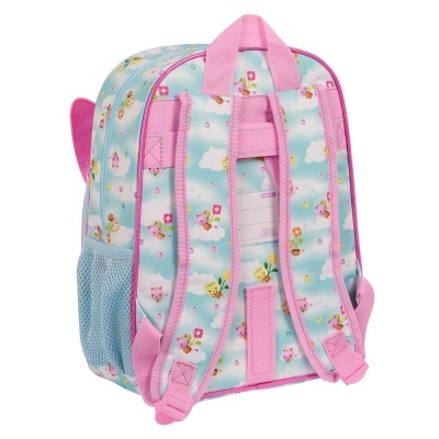 Mochila infantil azul claro com padrão de coelhos e flores e alças rosas