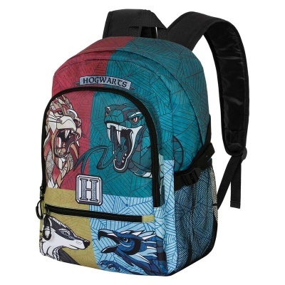 Mochila colorida com tema Hogwarts e ilustrações dos animais das casas