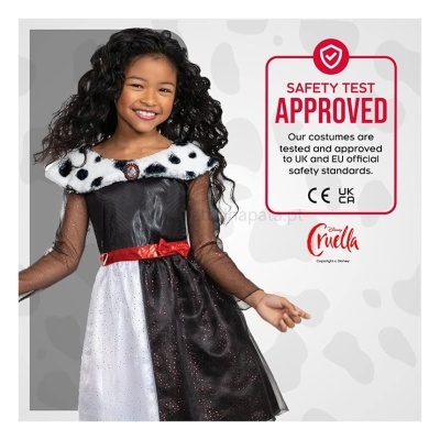 Vestido infantil Cruella preto, branco e vermelho com padrão de manchas e gola de pele sintética.