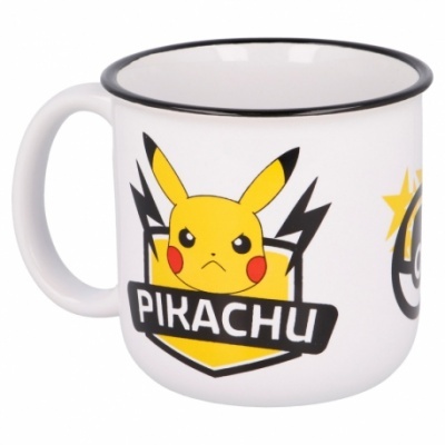 Caneca branca de esmalte com borda preta e imagem do Pikachu
