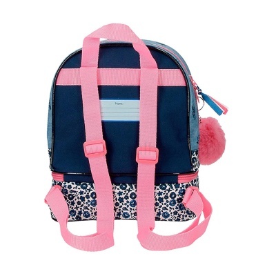 Mochila azul escuro com alças rosas e detalhe floral