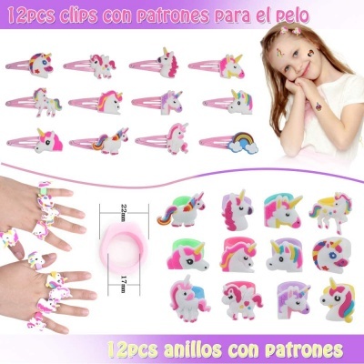 Clips e anéis de unicórnios coloridos para cabelo e dedos infantis.