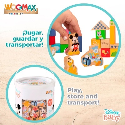 Blocos de madeira Disney Baby coloridos com personagens e embalagem branca