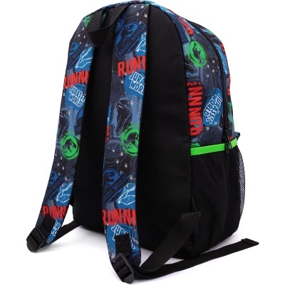 Mochila estampada colorida com alças acolchoadas e bolsos laterais em rede