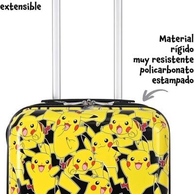 Mala rígida amarela com estampado do Pikachu e asa extensível