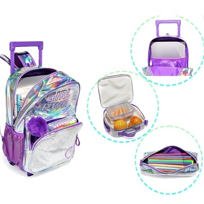 Mochila cromada GIRL POWER com divisórias mostrando frutas e material escolar