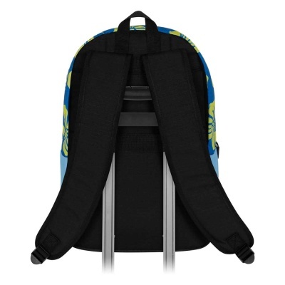 Mochila floral azul e verde limão vista de trás com alças pretas e suportes metálicos