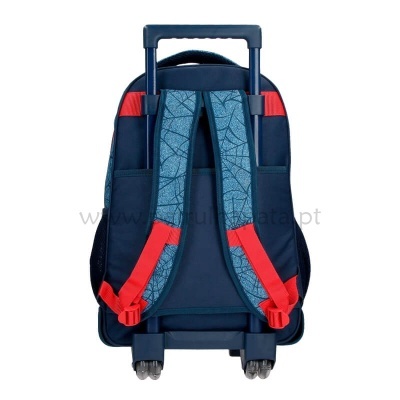 Mochila azul escuro com carrinho, alças vermelhas e azul claro com padrão