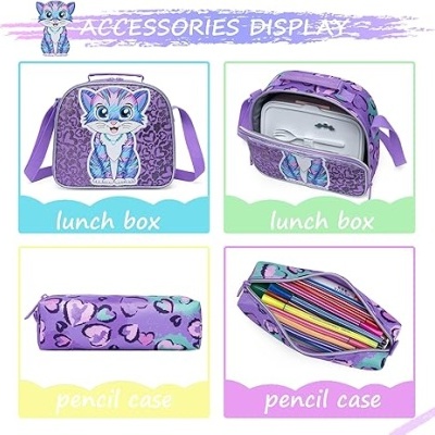 Conjunto Escolar Trolley Gatinha roxa - Trolley + lancheira + porta-lápis