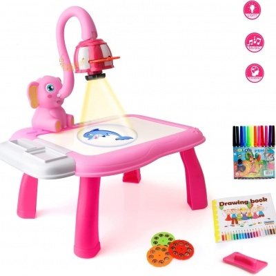 Mesa de desenho infantil rosa com elefante e projetor, marcadores coloridos e livro de desenho