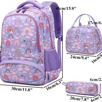 Conjunto Escolar Purple Rainbows 40 cm - Mochila + lancheira + porta-lápis