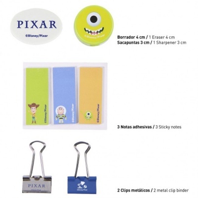 Acessórios de papelaria Pixar com borrachas, notas adesivas coloridas e clips metálicos