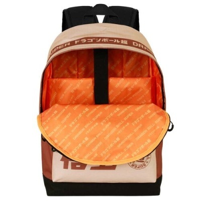 Mochila castanha e preta com interior laranja e texto japonês no interior e exterior