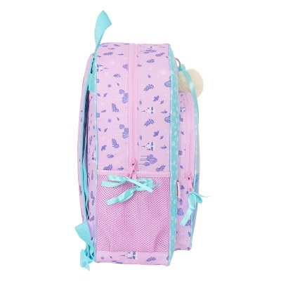 Mochila infantil rosa com padrão de folhas e detalhes azuis