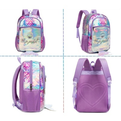 Mochila infantil lilás holográfica com texto 'Mermaid' e design de coração nas costas em quatro ângulos
