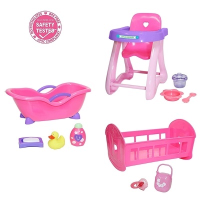 Cadeira + berço + banheira bebé para bonecas
