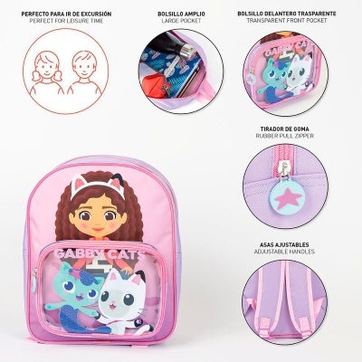 Mochila rosa infantil com personagens de desenho animado GABBY CATS e bolso frontal transparente