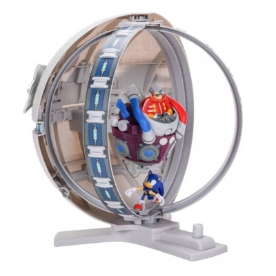 Brinquedo do Sonic com estrutura circular cinza e figuras do Sonic e Dr. Robotnik