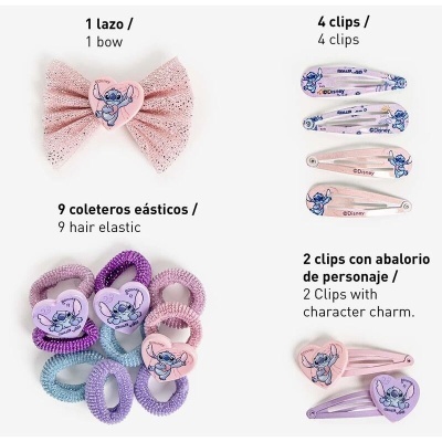 Conjunto de acessórios para cabelo com tema Stitch, incluindo laço, ganchos e elásticos em tons pastel com imagens do personagem.