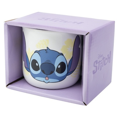 Caneca branca com personagem Stitch embalada em caixa lilás