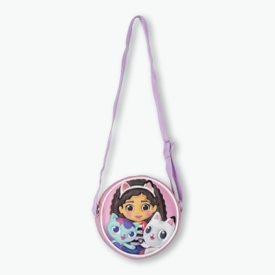 Mala redonda infantil rosa com alça lilás e estampa de menina com dois gatos