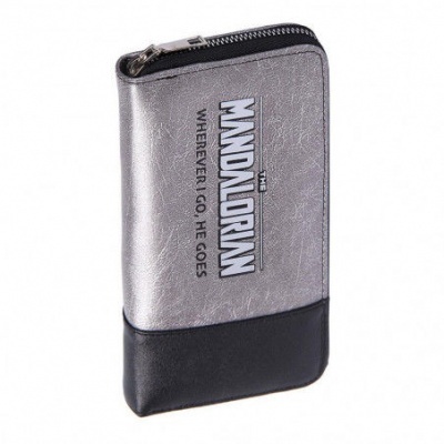 Carteira metalizada cinzenta e preta com texto The Mandalorian