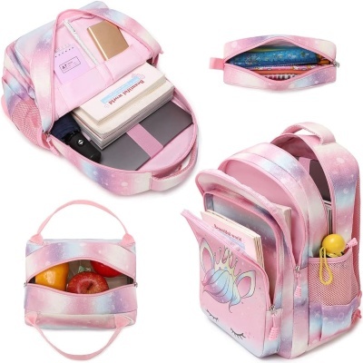 Conjunto Escolar - Mochila + lancheira térmica + porta-lápis - Unicórnio rosa arco-íris