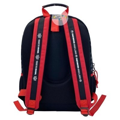 Mochila preta com alças vermelhas e texto branco UP TO DATE® BRAINLITE®