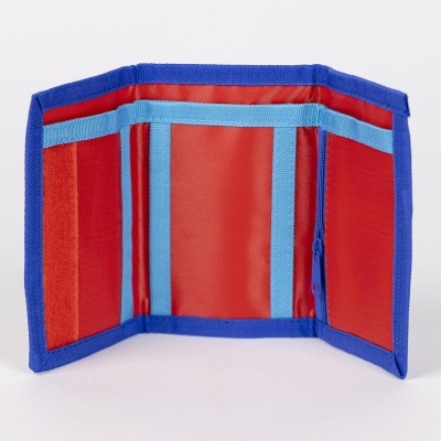 Carteira aberta vermelha com bordas azuis e faixas azuis claras