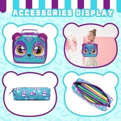 Conjunto de mochila e estojo com padrão de pandas em azul e roxo