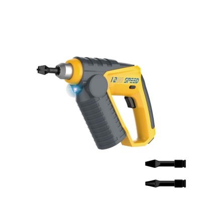 Parafusadora elétrica amarela e preta com texto 120 SPEED e duas pontas intercambiáveis