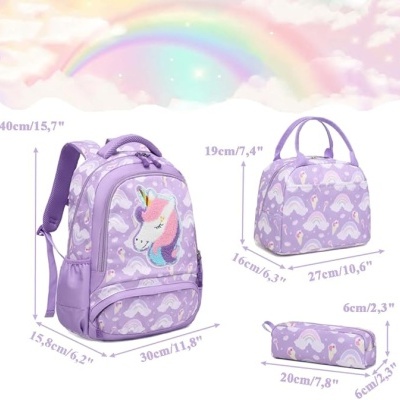 Conjunto Escolar Unicórnio - Mochila + lancheira + porta-lápis
