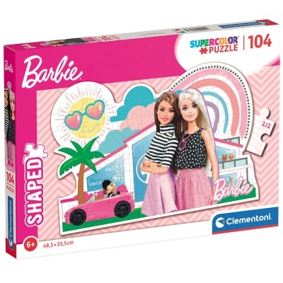 Caixa de puzzle Barbie com 104 peças, ilustração de duas bonecas, carro rosa, palmeira e arco-íris.