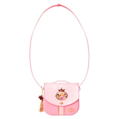 Bolsa rosa com ilustração de princesas e alça fina