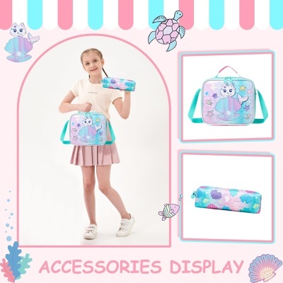 Conjunto Escolar Gatinha Sereia - Mochila + lancheira + porta-lápis