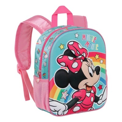 Mochila infantil rosa com estampa da Minnie Mouse e arco-íris