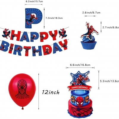 Conjunto de decoração de aniversário Homem-Aranha com letras, balão, bolo e cupcake.