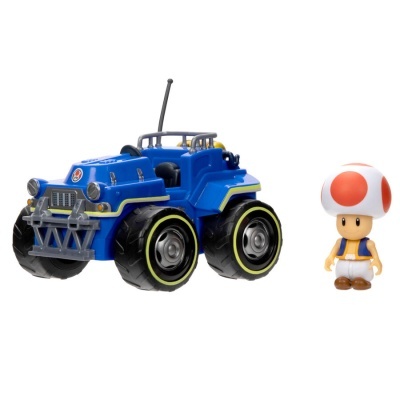 Veículo brinquedo azul com rodas grandes e figura do personagem Toad