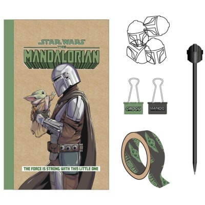 Conjunto de papelaria Star Wars The Mandalorian com caderno, clips, fita decorativa e caneta
